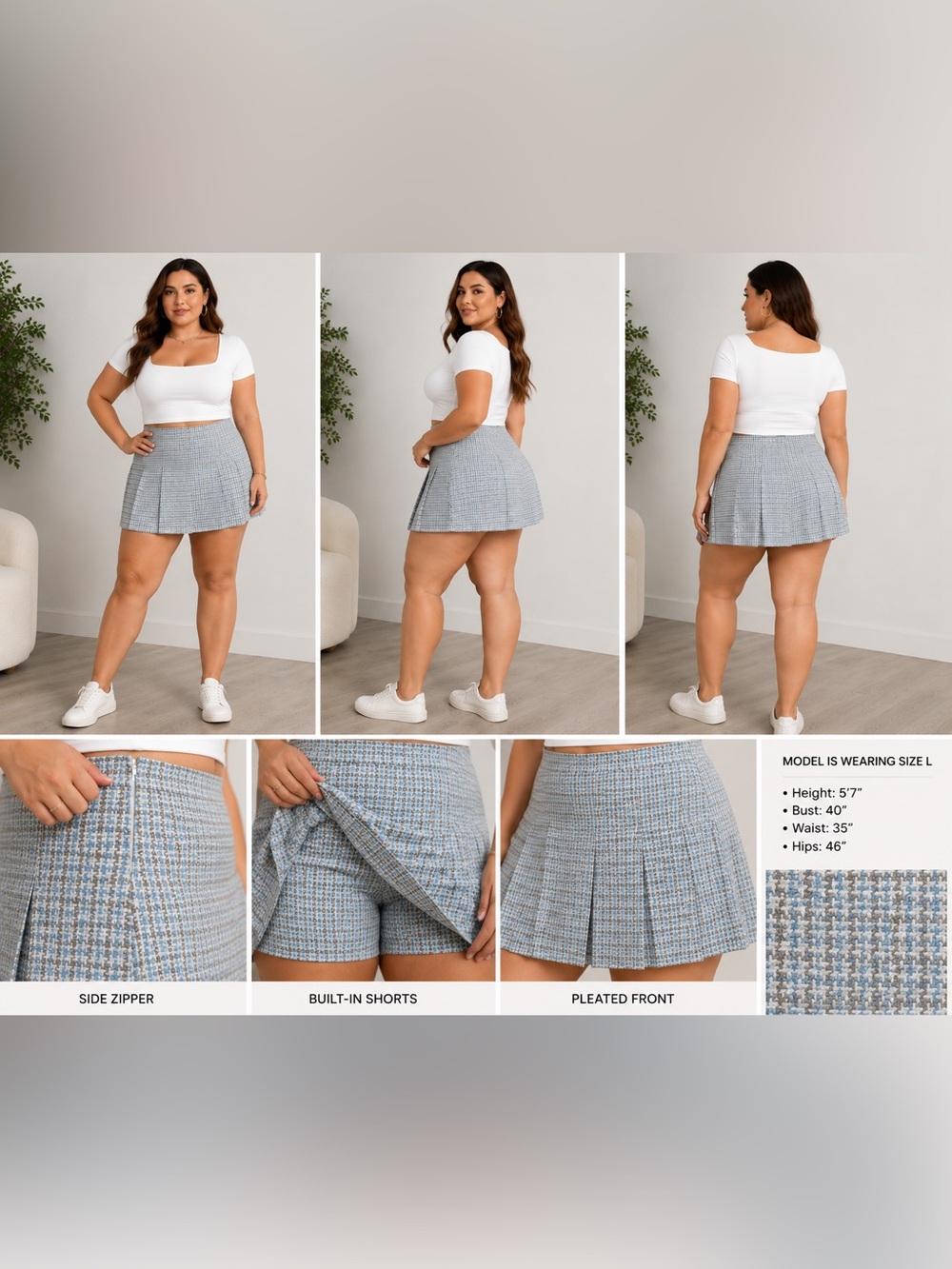 Zara Blue & Cream Tweed Pleated Skort Size L